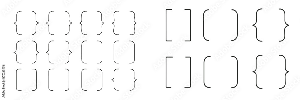 Poster different styles of brackets and braces arranged in lines on a white background for design purposes