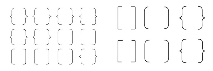 Different styles of brackets and braces arranged in lines on a white background for design purposes