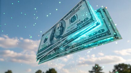 Close Up of Hologram Projection of US Dollar Banknotes Floating in Clear Blue Sky
