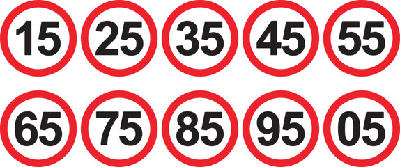 speed limit, numbers, 15, 25, 35, 45, 55, 65, 75, 85, 95, 05, traffic signs, road signs, speed, limit, regulation, restriction, circular signs, red circles, white numbers, transportation, driving, aut