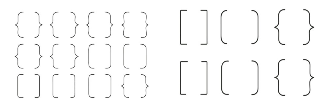 Different styles of brackets and braces arranged in lines on a white background for design purposes