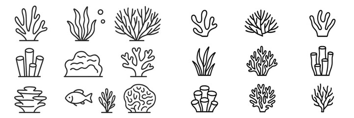 Coral reef illustrations depicting various marine plants and sea creatures in a minimalistic design for educational purposes