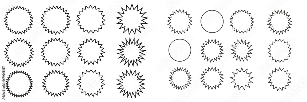 Poster patterns of geometric shapes displayed in a grid on a blank background for design and illustration p