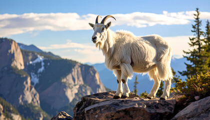 Majestic wild mountain goat standing on rock cliff overlooking beautiful nature landscape. Powerful wildlife animal with serene expression in mountain wilderness scene