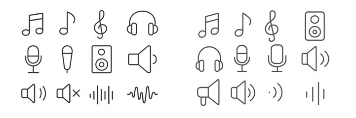 Collection of audio symbols and icons representing various sound elements and music elements organized in neat rows for digital design