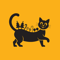vector illustration of a black cat with Christmas elements on its back 