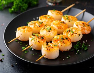 Roasted scallops on skewers, garnished with herbs
