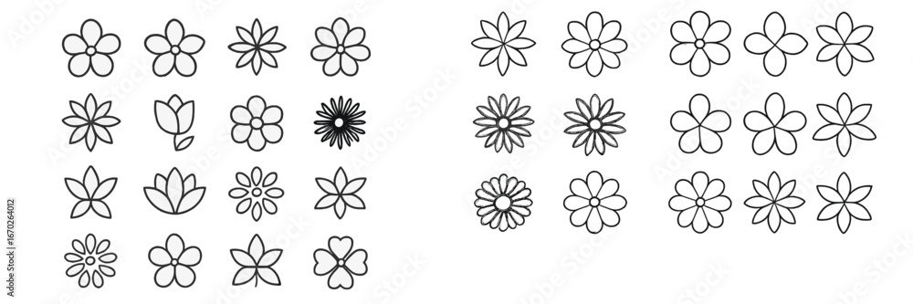 Poster patterns of various flower outlines arranged in two groups showcasing unique designs and shapes for 