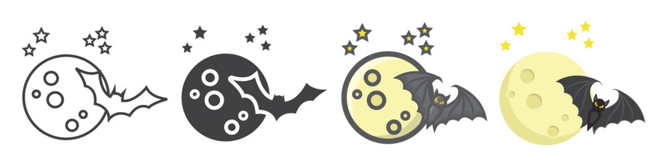 Bat with Moon icon collection, halloween and scary, dark sign vector set graphics, a linear pattern on a white background, eps 10.