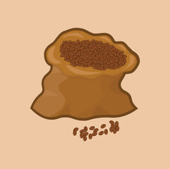illustration of a sack of coffee ready to be processed, black or dark brown coffee beans, drink ingredients