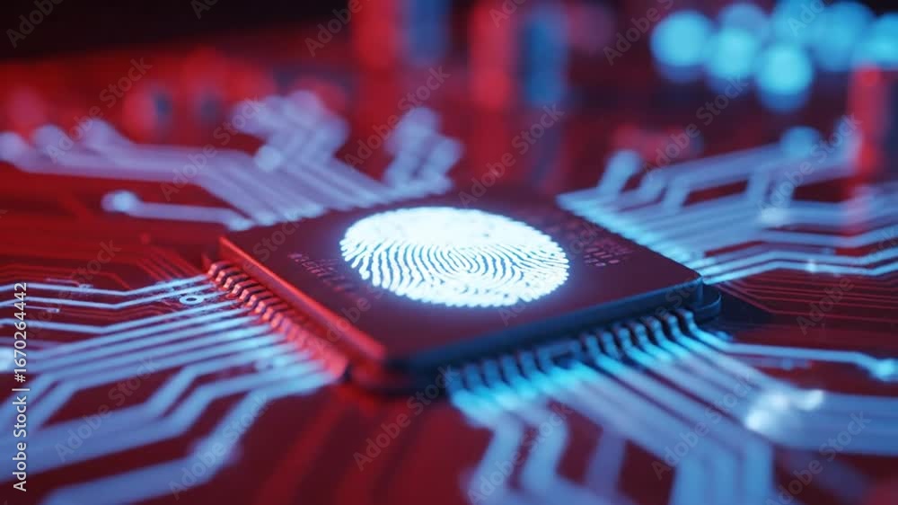 Poster glowing fingerprint on circuit board illustrating cybersecurity technology and biometric access