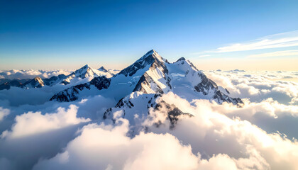 Majestic aerial view of beautiful snow covered mountain peak summit breaking through cloud. serene and tranquil alpine landscape with clear blue sky background