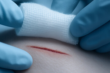 A healthcare professional in blue gloves applies sterile gauze to a fresh cut on the skin, highlighting wound care and first aid treatment.