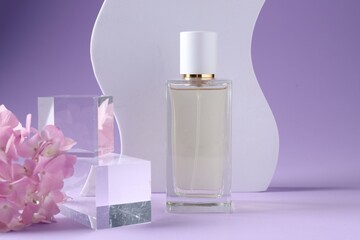 Promotion. Bottle of perfume, glass podium and hydrangea flowers on violet background