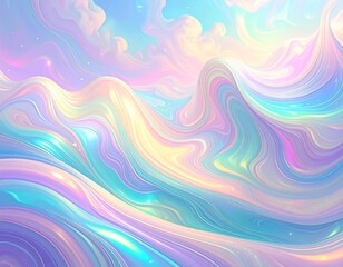 Obraz premium Abstract pastel landscape with swirling iridescent waves, a dreamy digital art composition in soft, light colors against a clear background.