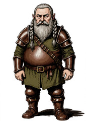 Obraz premium Compact dwarf guard clad in chestnut brown armor andolive green padded tunic –sturdy fantasy RPG charactr for tabletop and old-schol role-playing games