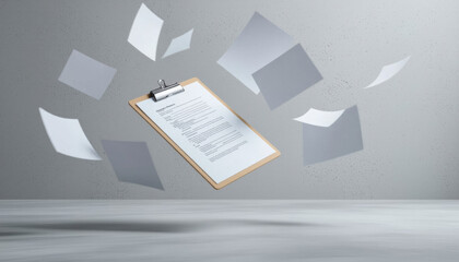 Floating clipboard with blank sheets in modern workspace setting  