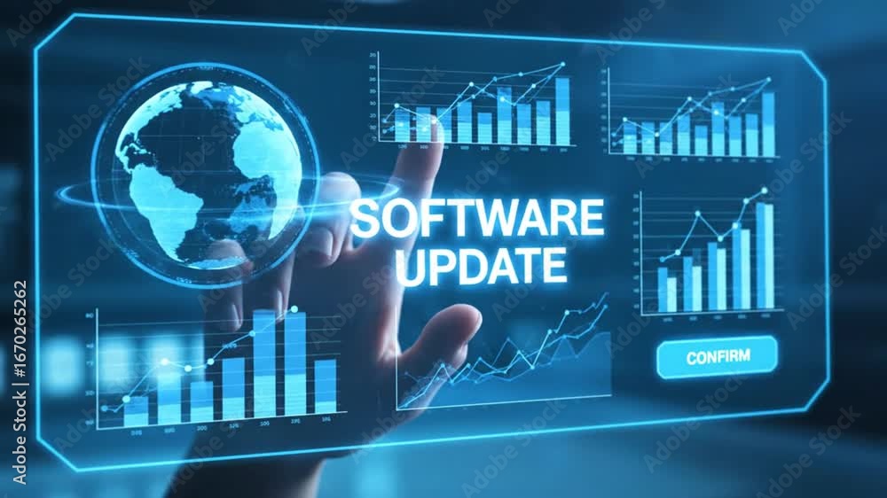 Aufkleber hand interacting with digital software update display with global data charts