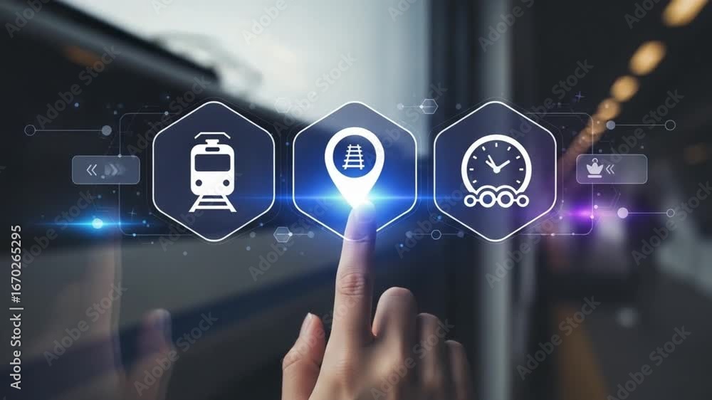 Poster finger touching train location and time icons on a digital interface with blurred background