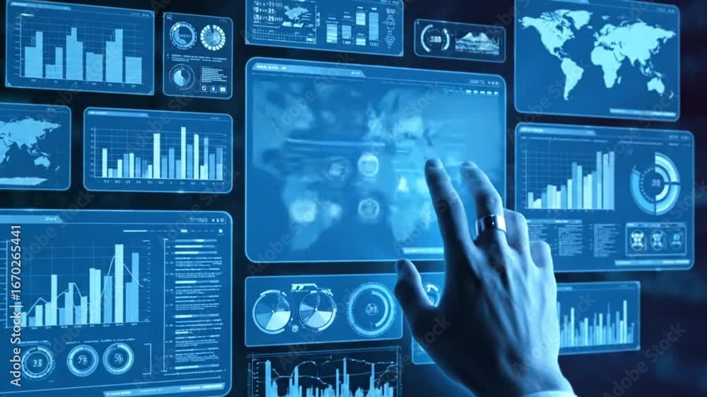 Poster hand interacting with blue world map data on futuristic touchscreen interface