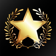 Golden star and laurel branches around. Award, medal, coat of arms design