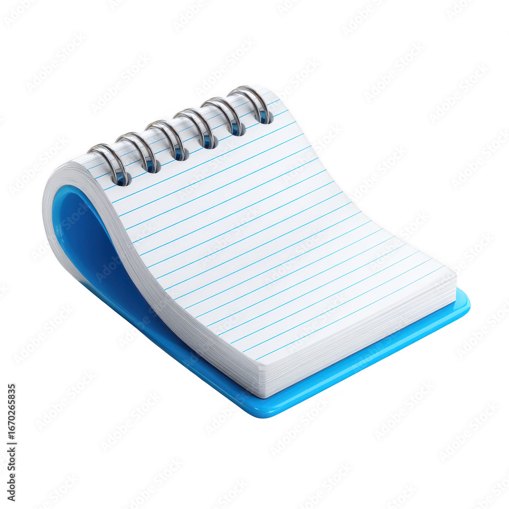Poster a small white notepad with blue binding and pages isolated on transparent background