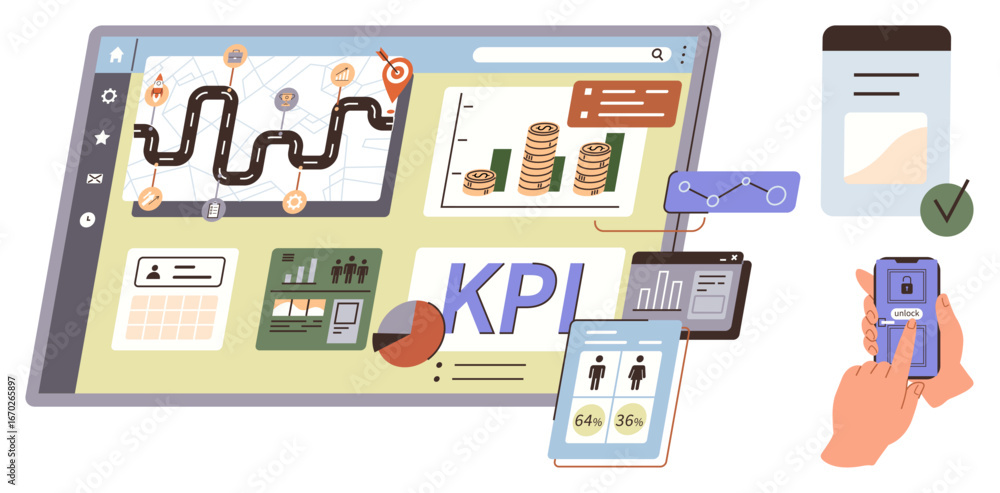Poster interactive screen showing kpi metrics, goal tracking, chart analysis, and workflow planning. highli
