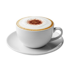 Obraz premium Expertly prepared classic cappuccino in white ceramic cup with frothed milk foam and cocoa, isolated on a transparent background with soft studio light, commercial beverage concept