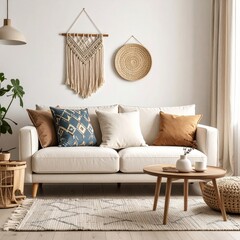 Serene Bohemian Living Room with Natural Textures and Earthy Accents.