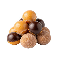 Fototapeta premium Small pile of assorted plain, dark chocolate, and cinnamon-dusted glazed donut holes, perfectly round and soft, isolated on transparent, soft studio light, extreme close-up, appetizing dessert concept