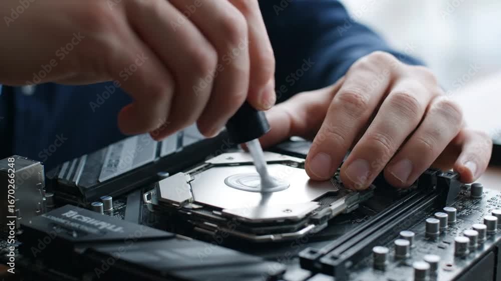 Poster hands applying thermal paste to central processing unit on motherboard