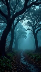 Pitch black canopy, twisted branches, uneven ground, wild, black, undergrowth