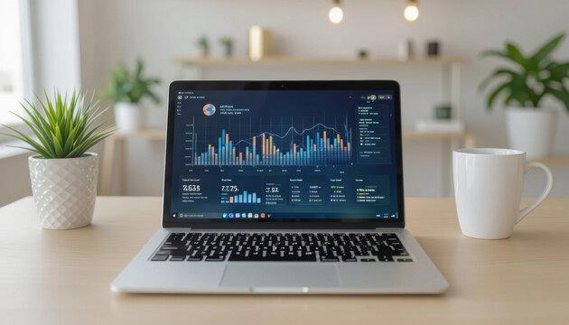 Laptop displaying financial data on desk with plant and mug