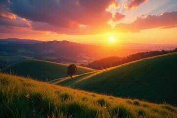 Obraz premium Rolling hills bathed in sunset's glow, peaceful countryside evening , view, golden hour