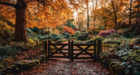 Naklejka premium Autumnal garden gates. Sunlight streams through fall foliage