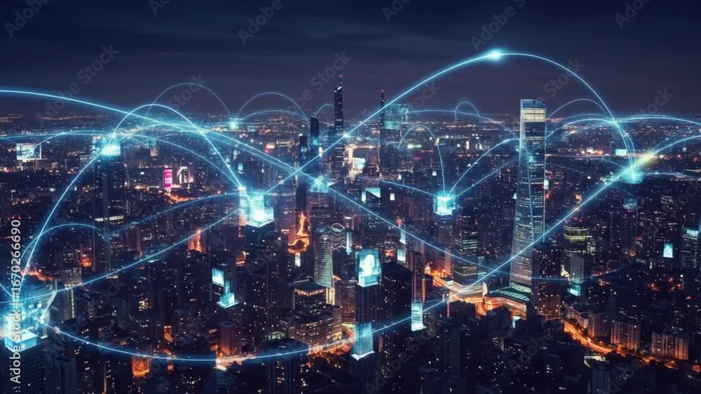 Poster dynamic glowing network lines connect futuristic cityscape at night, symbolizing global connection a