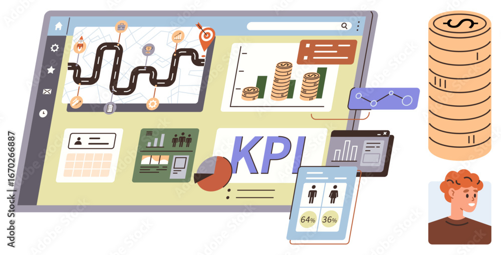 Poster interactive dashboard with charts, graphs, data metrics, and kpi indicators. features financial grow