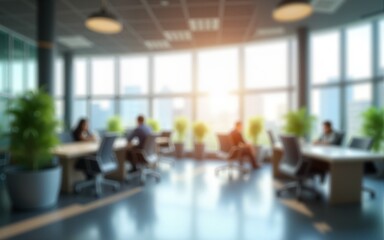 Blurred office interior background. Empty light open space office with big windows, many glasses walls, desks, chairs and green plants. Modern indoor business environment. High quality