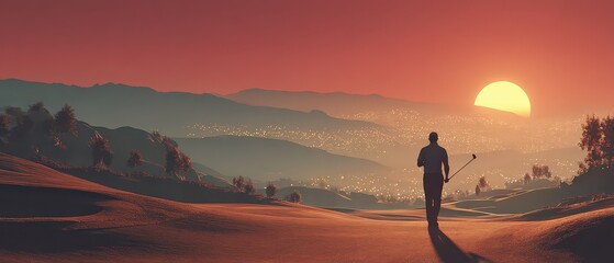 Silhouette Figure Walks Country Road Sunset Cityscape