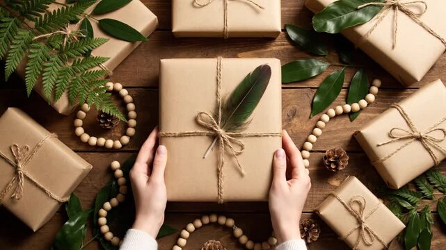 Hands Holding Gift Box Wrapped in Brown Paper String and Feather on Wooden Table
