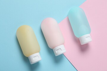 Cosmetic products on color background, flat lay. Mockup for design