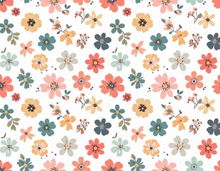 Charming Folk Art Floral Pattern with Muted Coral Teal and Yellow Blooms.