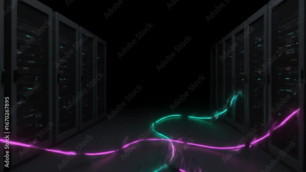 Poster dynamic server room with glowing neon data cables flowing between racks, symbolizing connectivity an