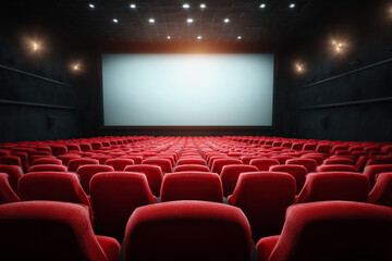 A movie theater with a red screen and red seats