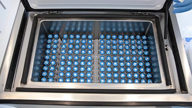 A refrigerated container is filled with rows of small, capped vials with blue tops