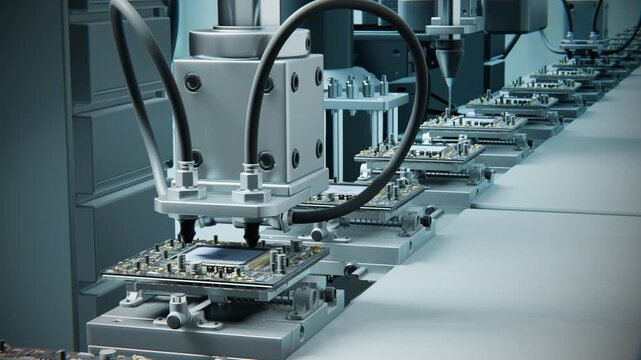 Technology future Macro Shot scene. Automatic Pick and Place machine quickly install Components on Circuit Board. Electronics and Circuit board Manufacturing Factory. Loopable 4k