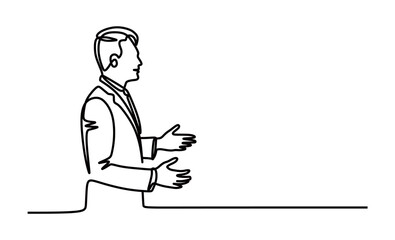 Continuous line art of a man in a business suit talking to himself. Public speaking practice concept. Vector illustration.