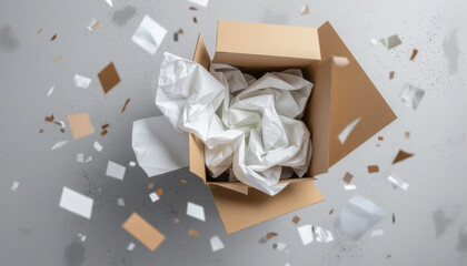 Open cardboard box with crumpled paper and colorful confetti  
