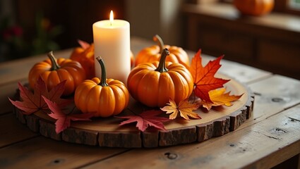 A rustic wooden table adorned with a Thanksgiving centerpiece of pumpkins, candles, and autumn leaves, soft warm lighting enhancing the cozy fall ambiance.