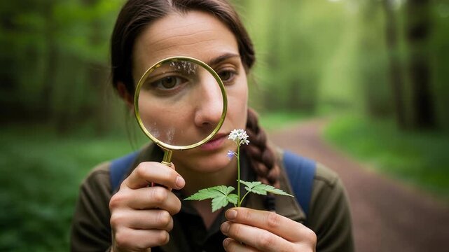 Curious scientist examining plant specimen through magnifying glass conducting detailed botanical research in laboratory setting